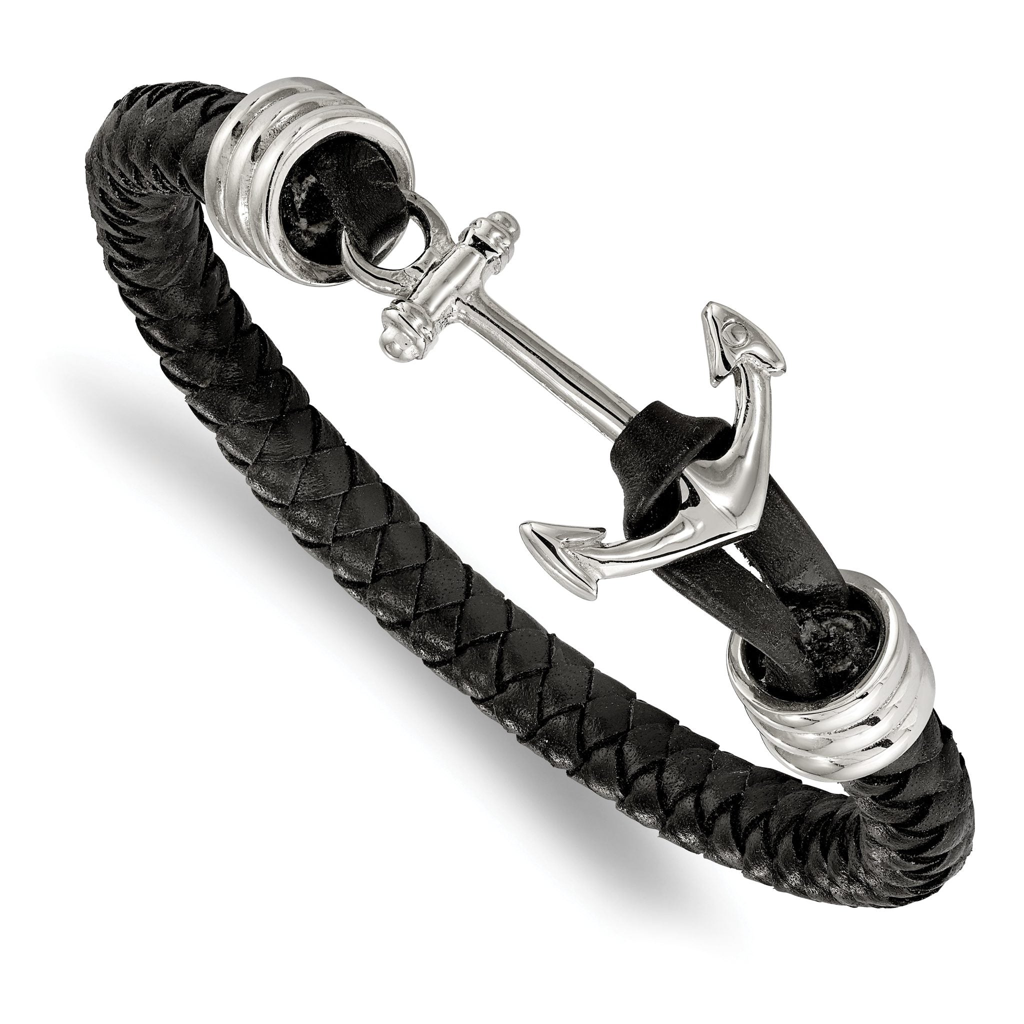 Stainless Steel Polished Anchor Black Braided Leather Bracelet for Men