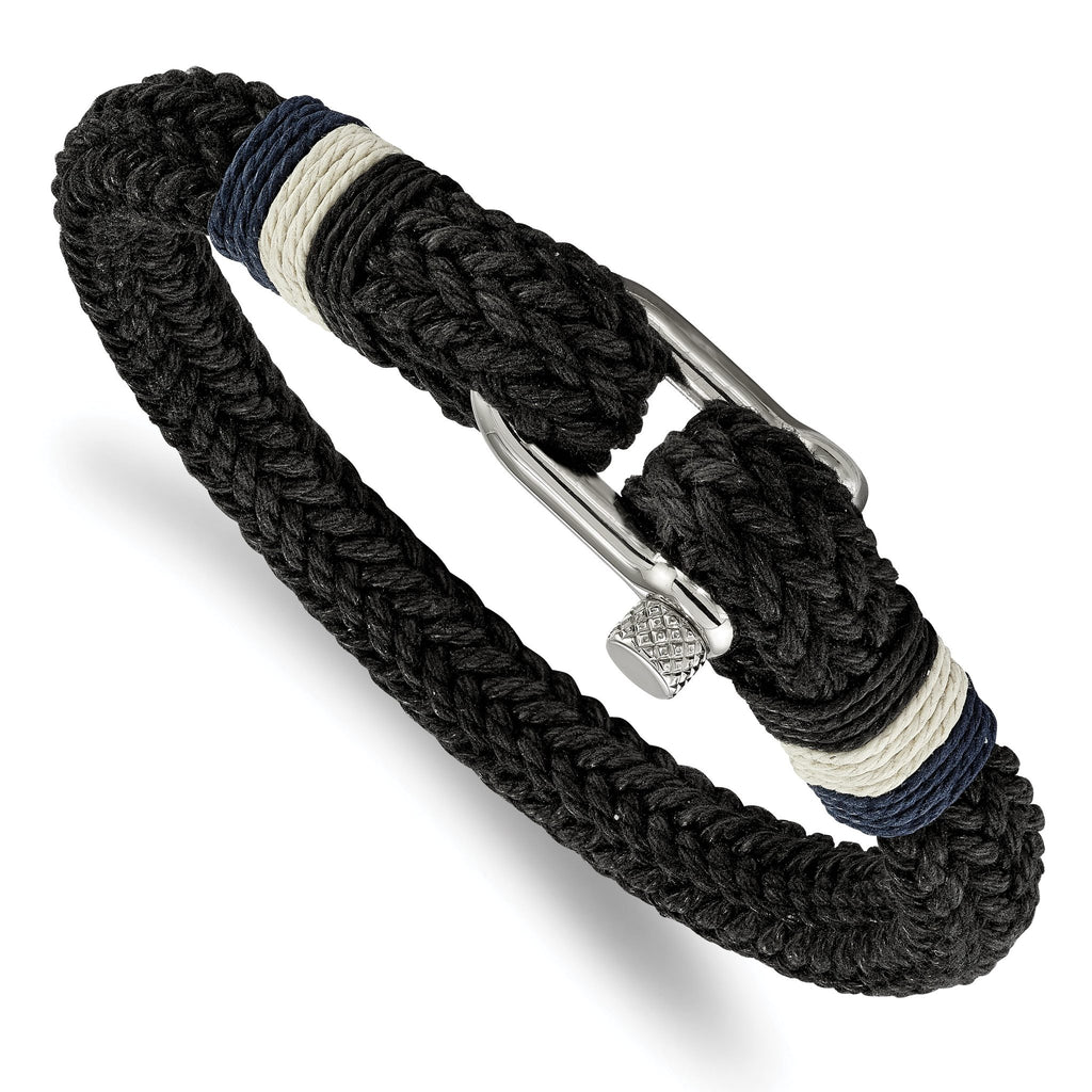 Stainless Steel Polished Woven Black Cotton Bracelet for Men