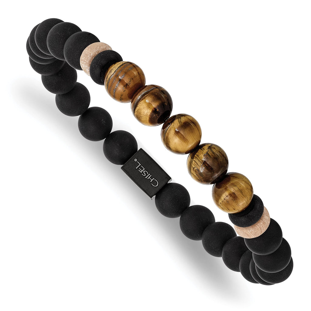Stainless Steel Brushed Black IP-plated 8mm Black Agate and Tiger's Eye Beaded Stretch Bracelet