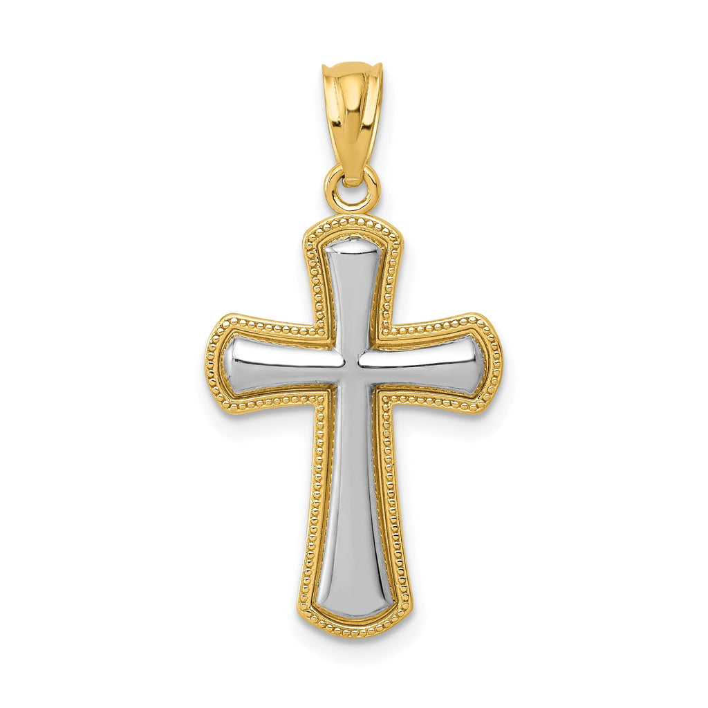 14K Gold Polished Cross Pendant with Rhodium Accents Elegant and Timeless Design