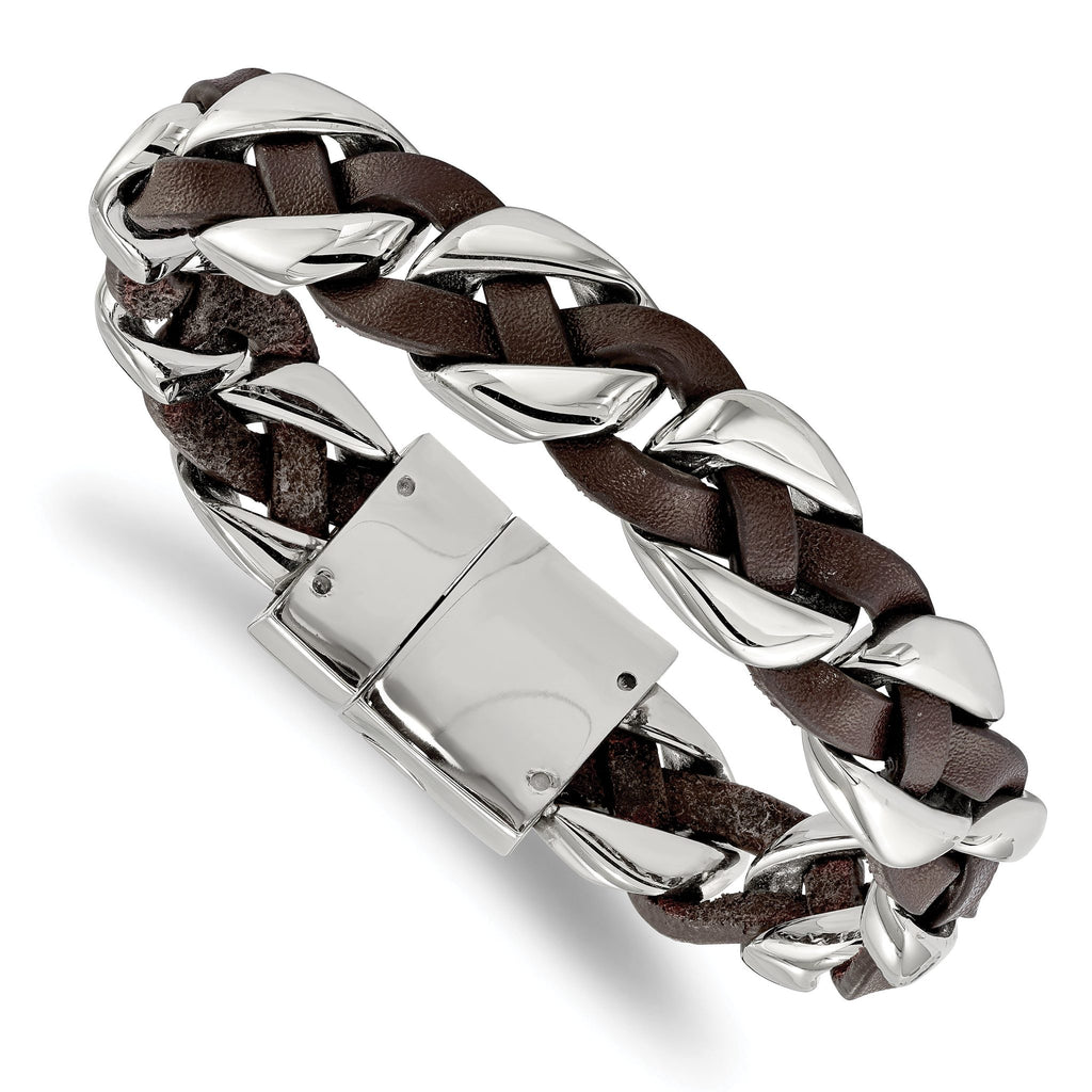 Stainless Steel Polished Brown Braided Leather Bracelet for Women