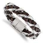 Stainless Steel Polished Brown Braided Leather Bracelet for Women