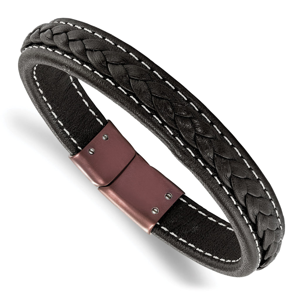 Stainless Steel Polished Brown IP-plated Brown Leather Bracelet for Men