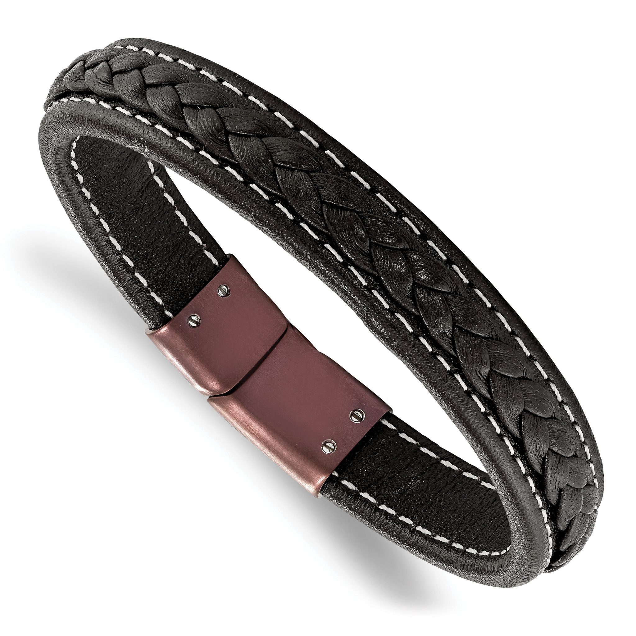 Stainless Steel Polished Brown IP-plated Brown Leather Bracelet for Men