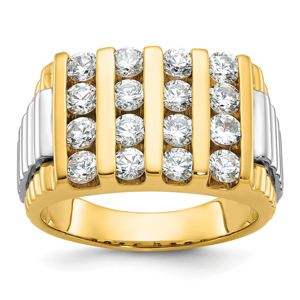14k Two-tone Men's Polished and Textured 4-Row 2 Carat AA Quality Diamond Ring