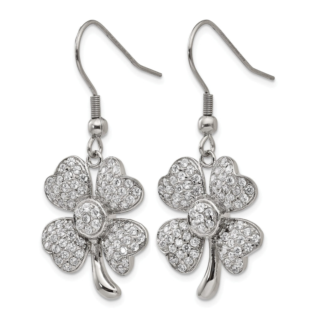 Stainless Steel Polished Leaf Cubic Zirconia Drop Dangle Earrings for Women