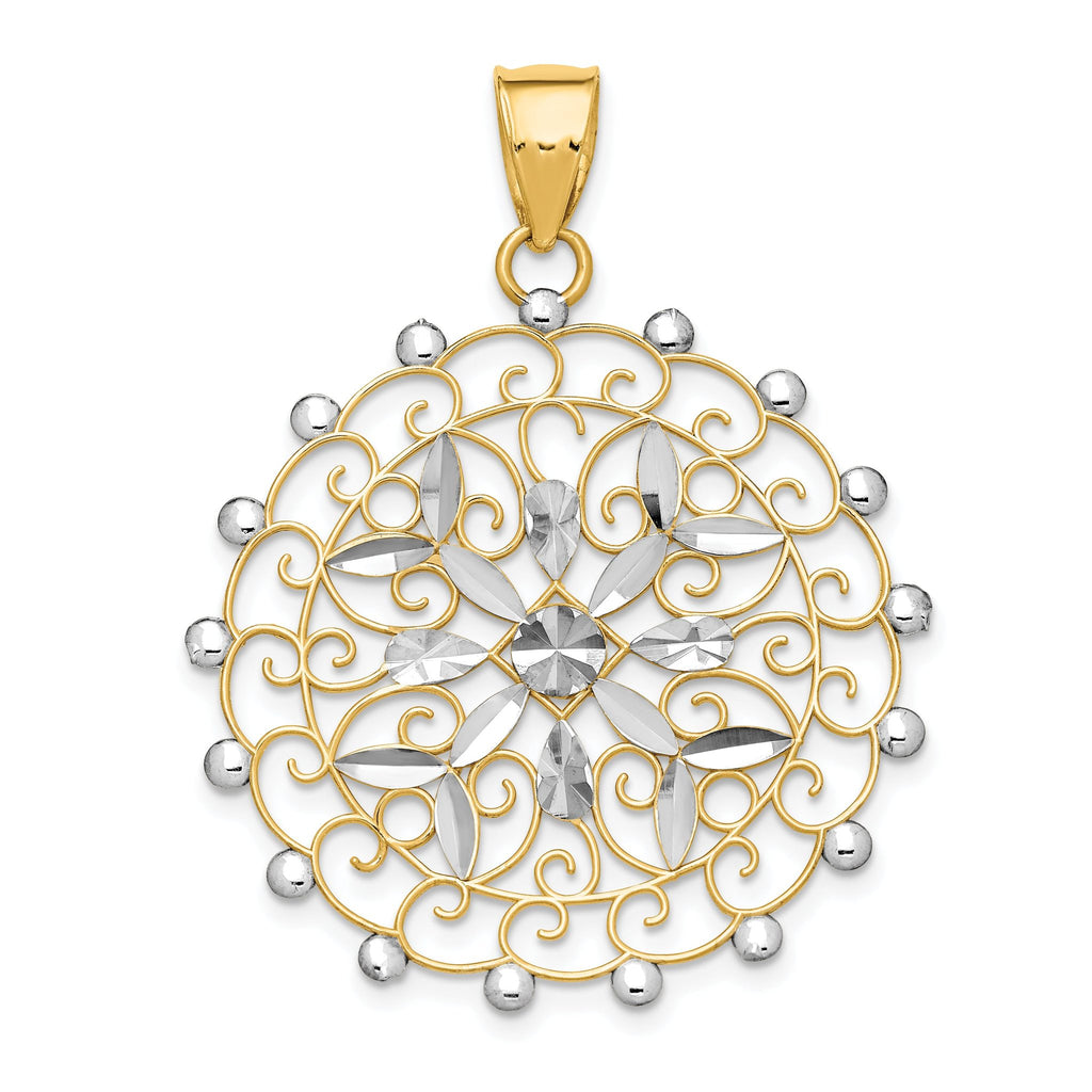 14K White Rhodium Diamond-Cut Filigree Pendant in Elegant Yellow Gold