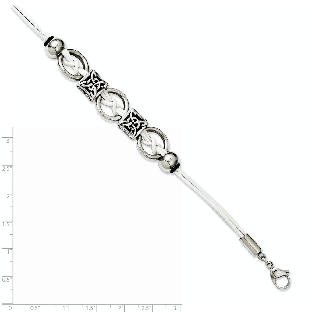 Stainless Steel White Leather with Antiqued Beads with ext Bracelet for Women