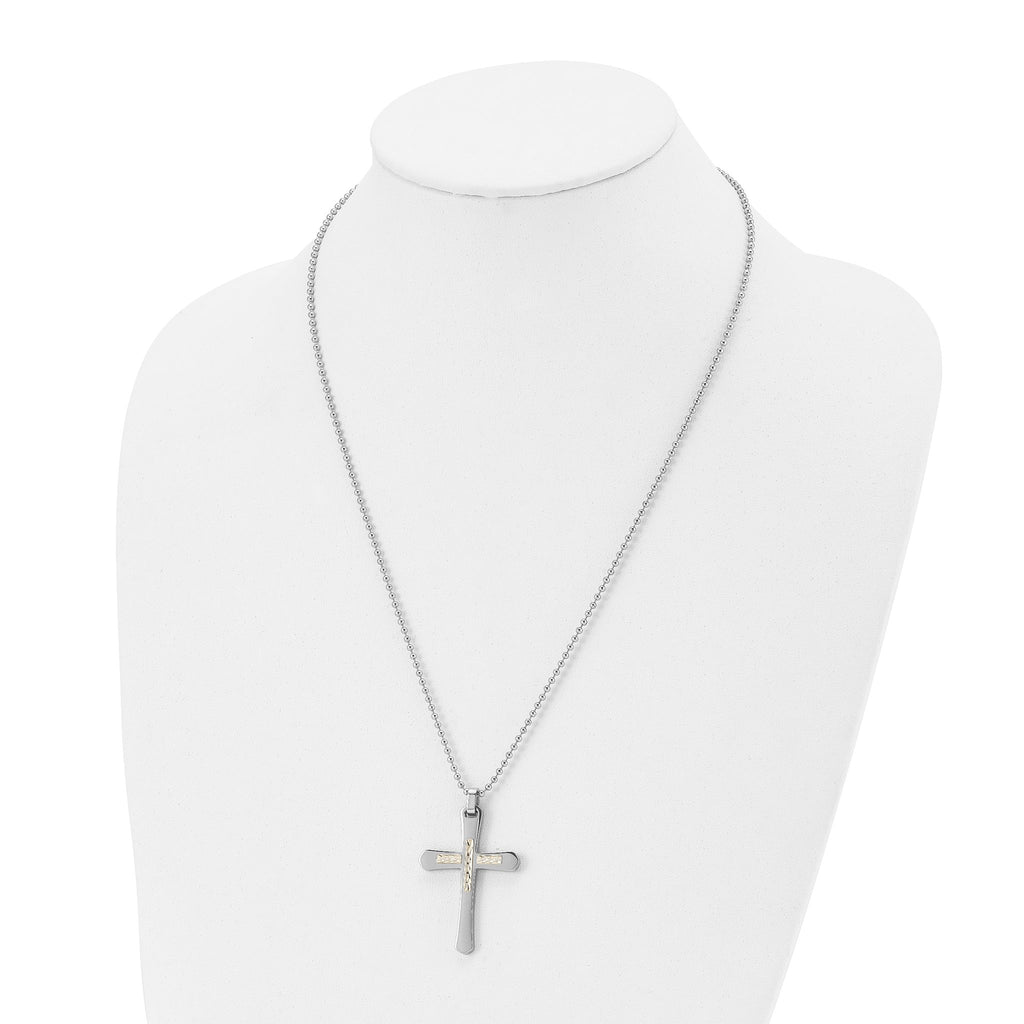 Diamond-Cut Cross Pendant Necklace in Stainless Steel & 14K Gold