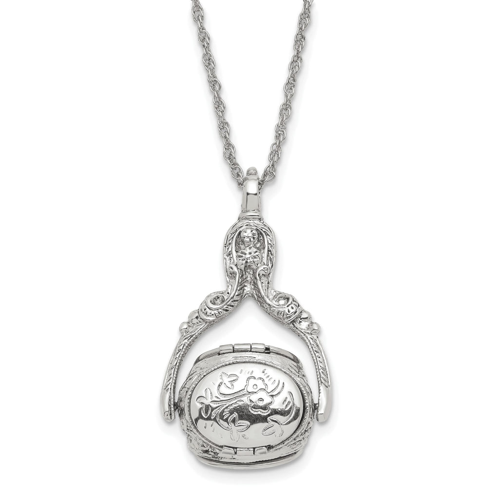 1928 Jewelry Silver-tone Three Sided Spinning Floral Pattern Oval 13mm Lockets 30 inch Necklace Holds 6 Photos