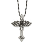 Stainless Steel Men's Necklace with Black Agate Winged Cross