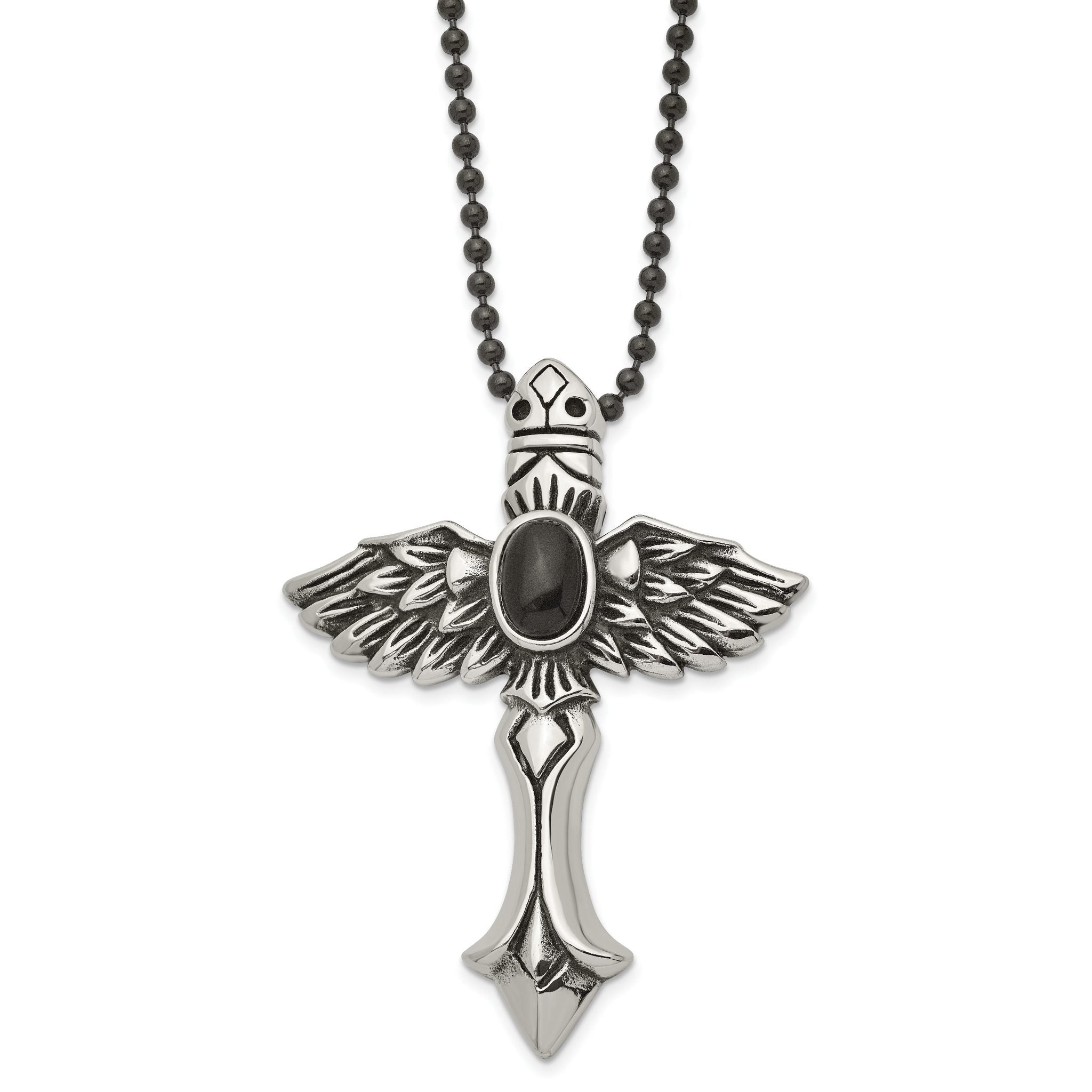 Stainless Steel Men's Necklace with Black Agate Winged Cross
