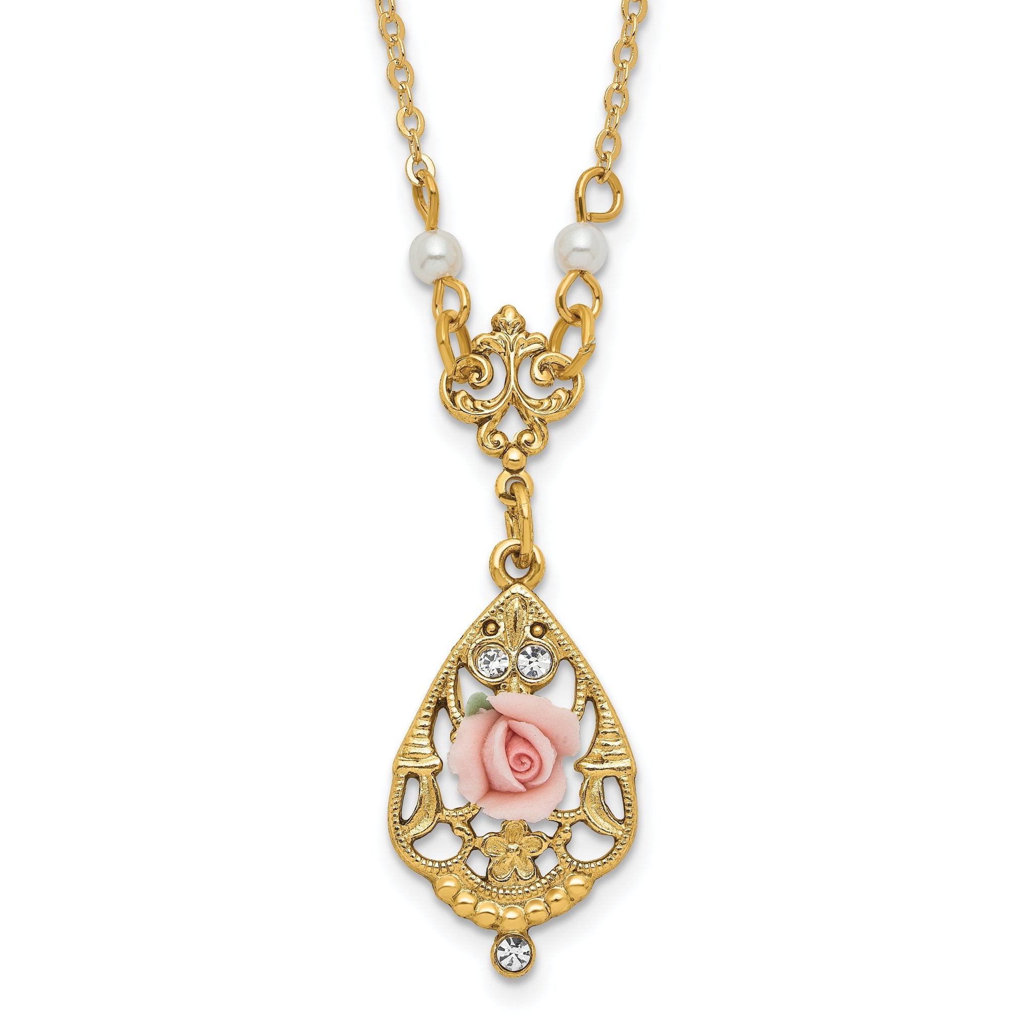 1928 Jewelry Gold-tone Imitation Pearl Pink Porcelain Rose and Clear Crystal Filigree Teardrop 17 inch Necklace Main image