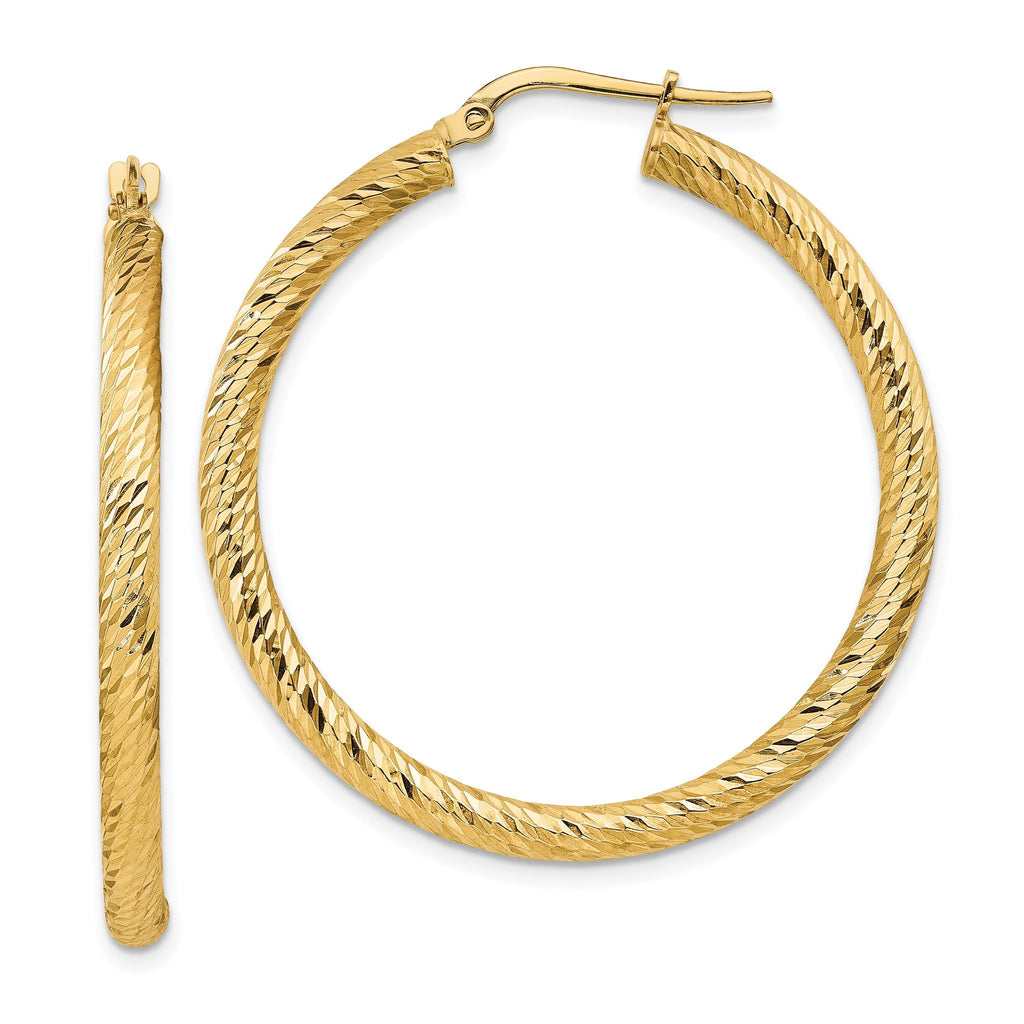 14k Polished 3mm Diamond-cut Round Hoop Earrings