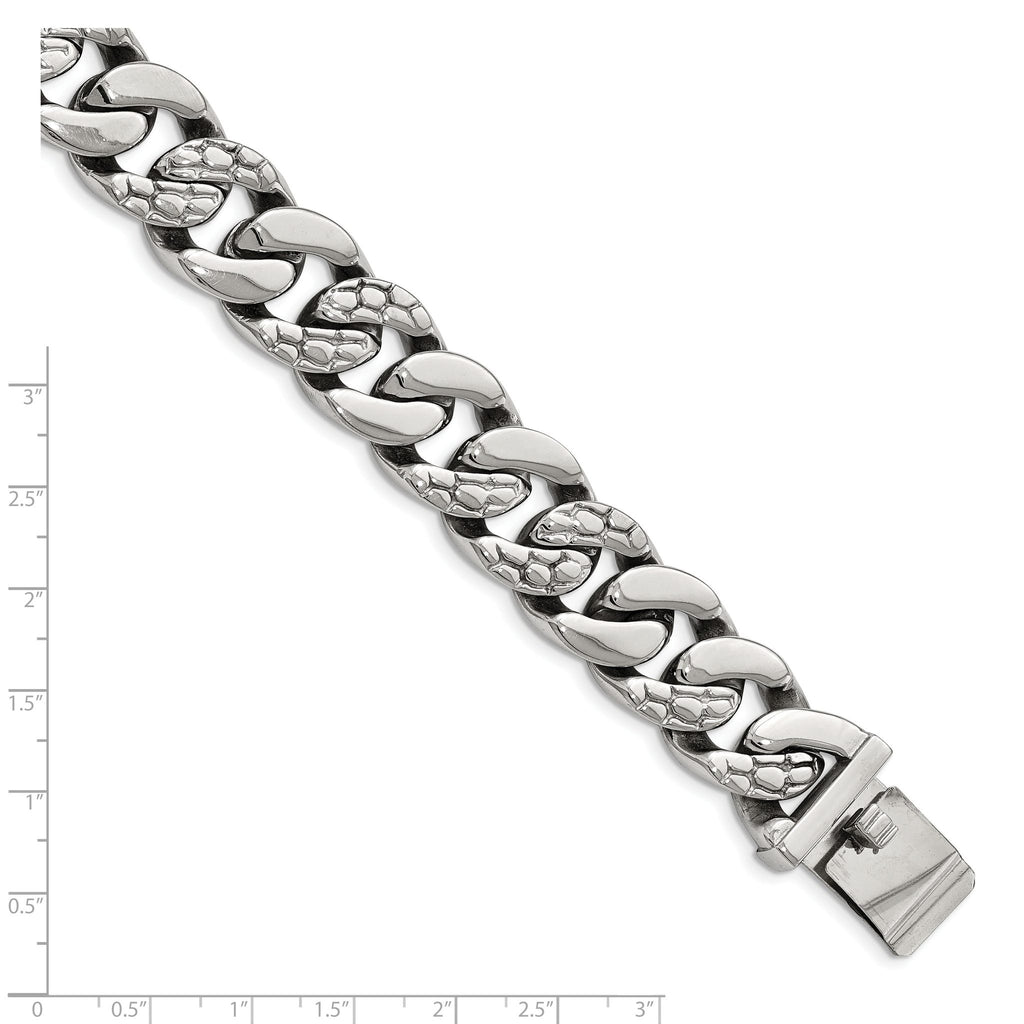Stainless Steel Polished and Textured Snake Skin Design Curb Bracelet for Men