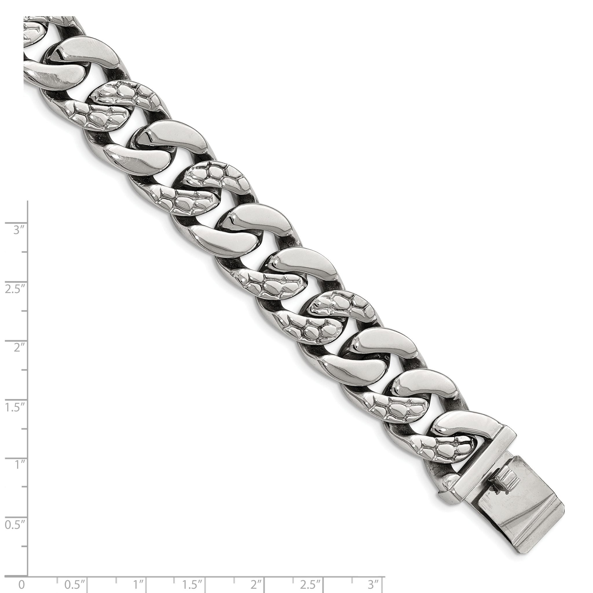 Stainless Steel Polished and Textured Snake Skin Design Curb Bracelet for Men