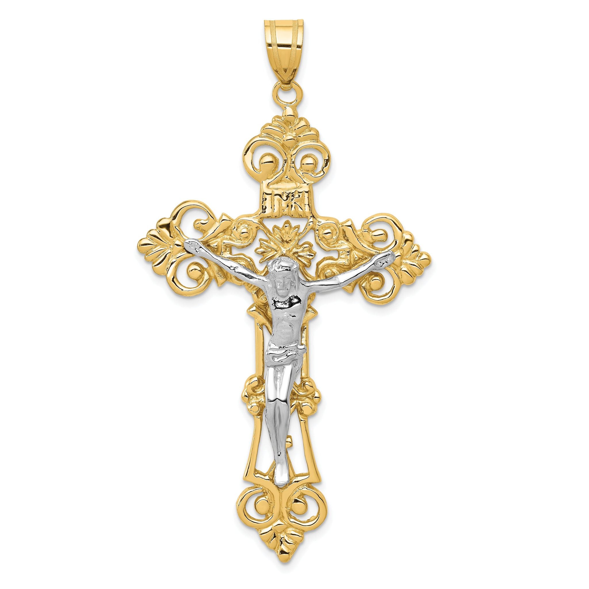 14K Two-Tone Gold Fleur De Lis Crucifix Pendant Elegant Themed Design Main image