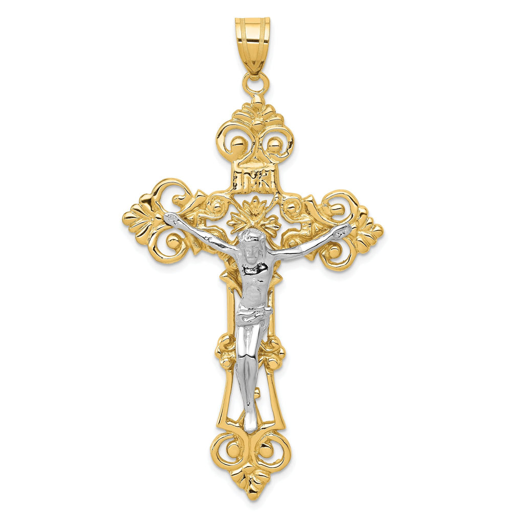 14K Two-Tone Gold Fleur De Lis Crucifix Pendant Elegant Themed Design