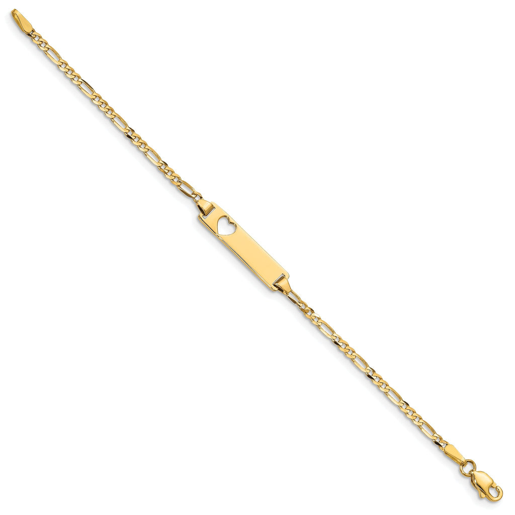 14k Polished Solid Chain/Solid Plate Figaro Link Cut-out Heart 21.4x5.4mm  Plate 5.5 inch Baby/Child ID Bracelet