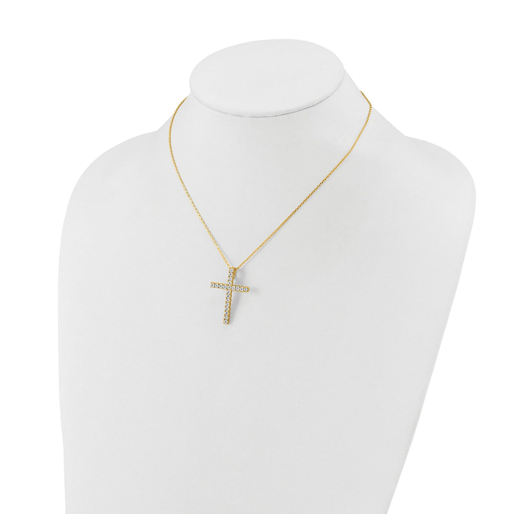 Sterling Shimmer Sterling Silver Gold-tone Flash Gold-plated 2.3mm CZ 21 Stone Cross 16 inch with 2 inch Extension Necklace