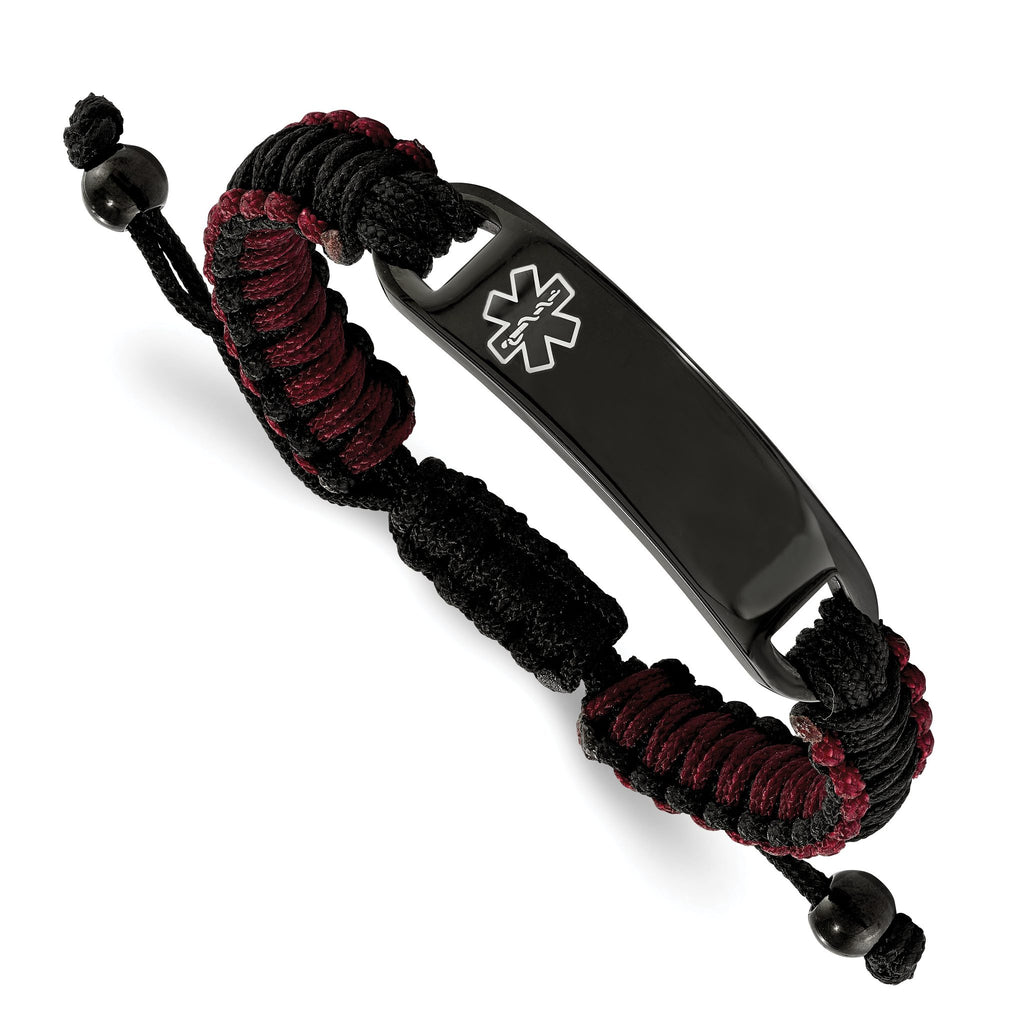 Stainless Steel Polished Black IP-plated with White Enamel Black and Red Nylon Adjustable Medical ID Bracelet