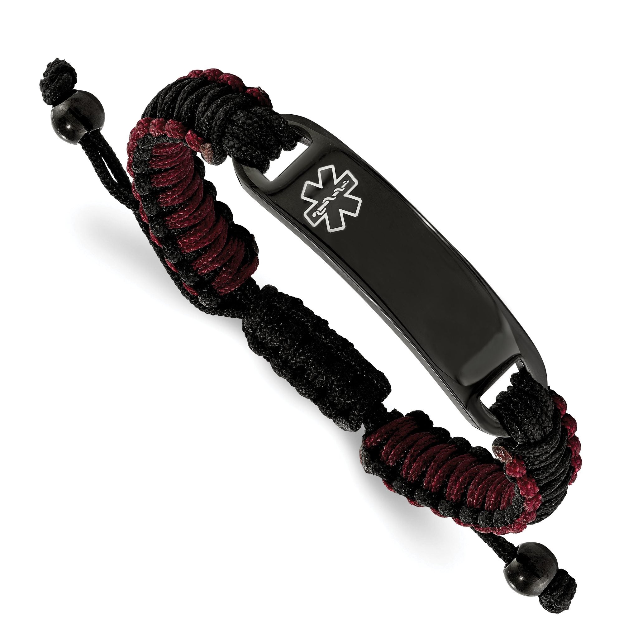 Stainless Steel Polished Black IP-plated with White Enamel Black and Red Nylon Adjustable Medical ID Bracelet