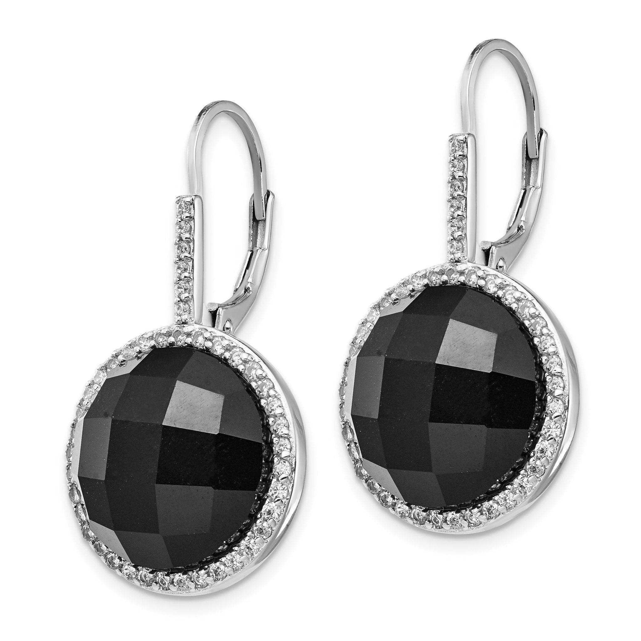 Cheryl M Sterling Silver Rhodium-plated Checker-cut Onyx and Brilliant-cut White CZ Round Halo Dangle Leverback Earrings Secondary image