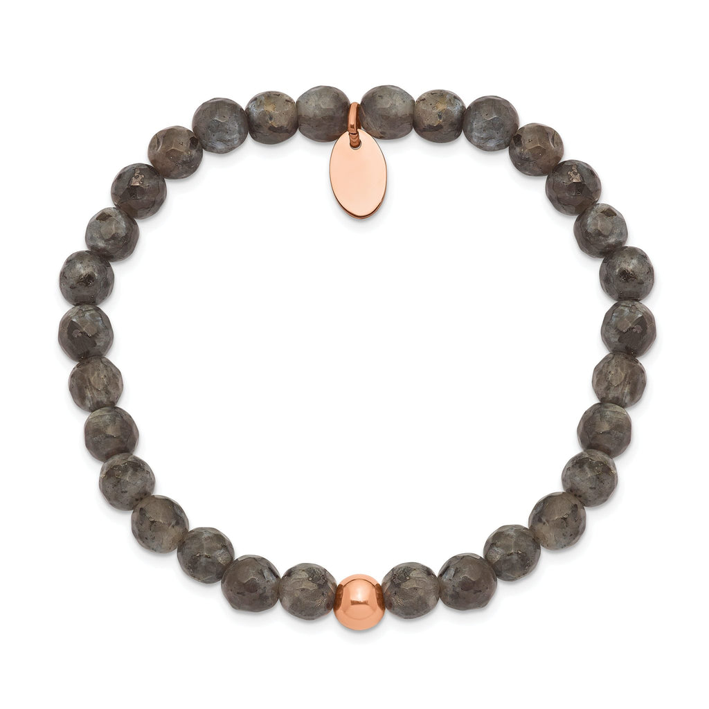 Stainless Steel Polished Rose IP-plated 6mm Spectrolite Beaded Stretch Bracelet for Women
