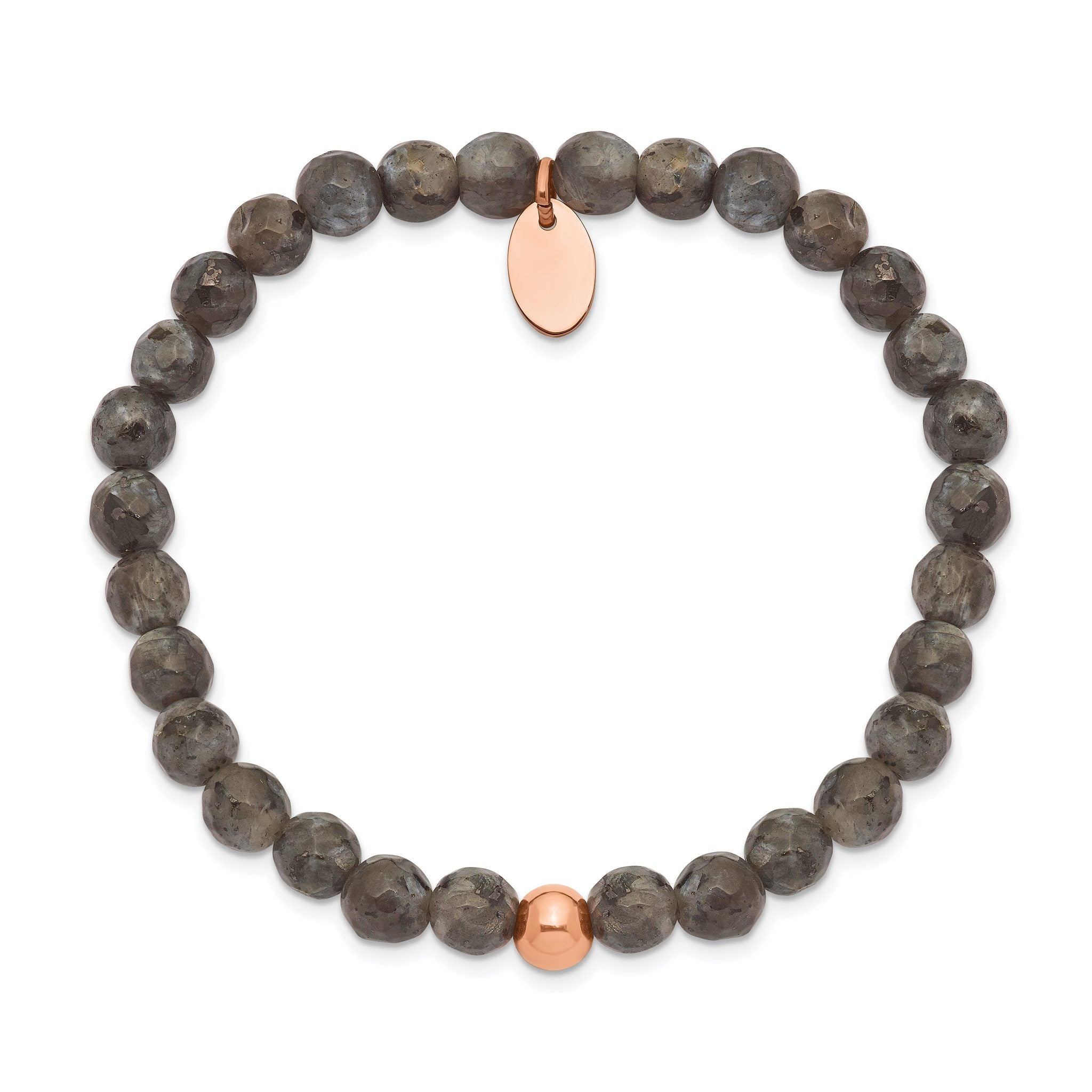 Stainless Steel Polished Rose IP-plated 6mm Spectrolite Beaded Stretch Bracelet for Women