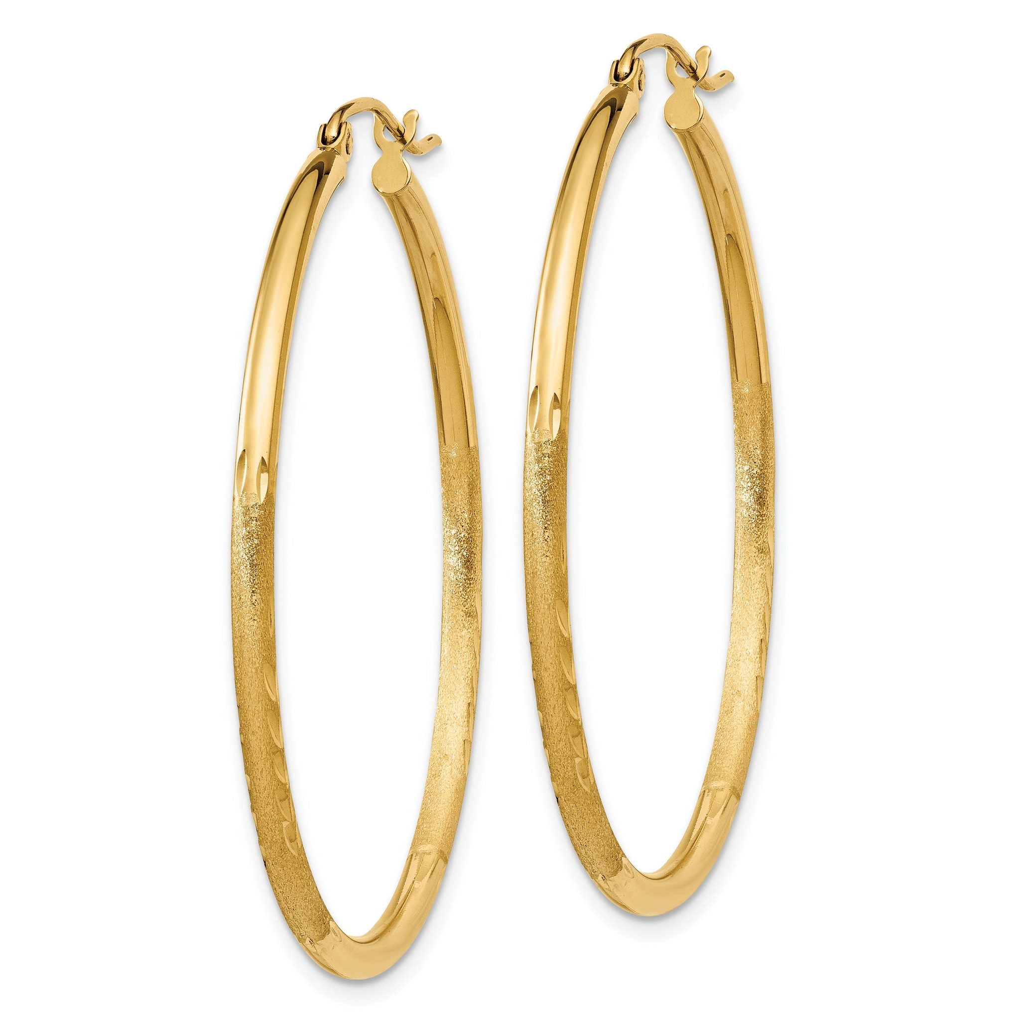 14k Satin and Diamond-cut 2mm Round Tube Hoop Earrings Secondary image