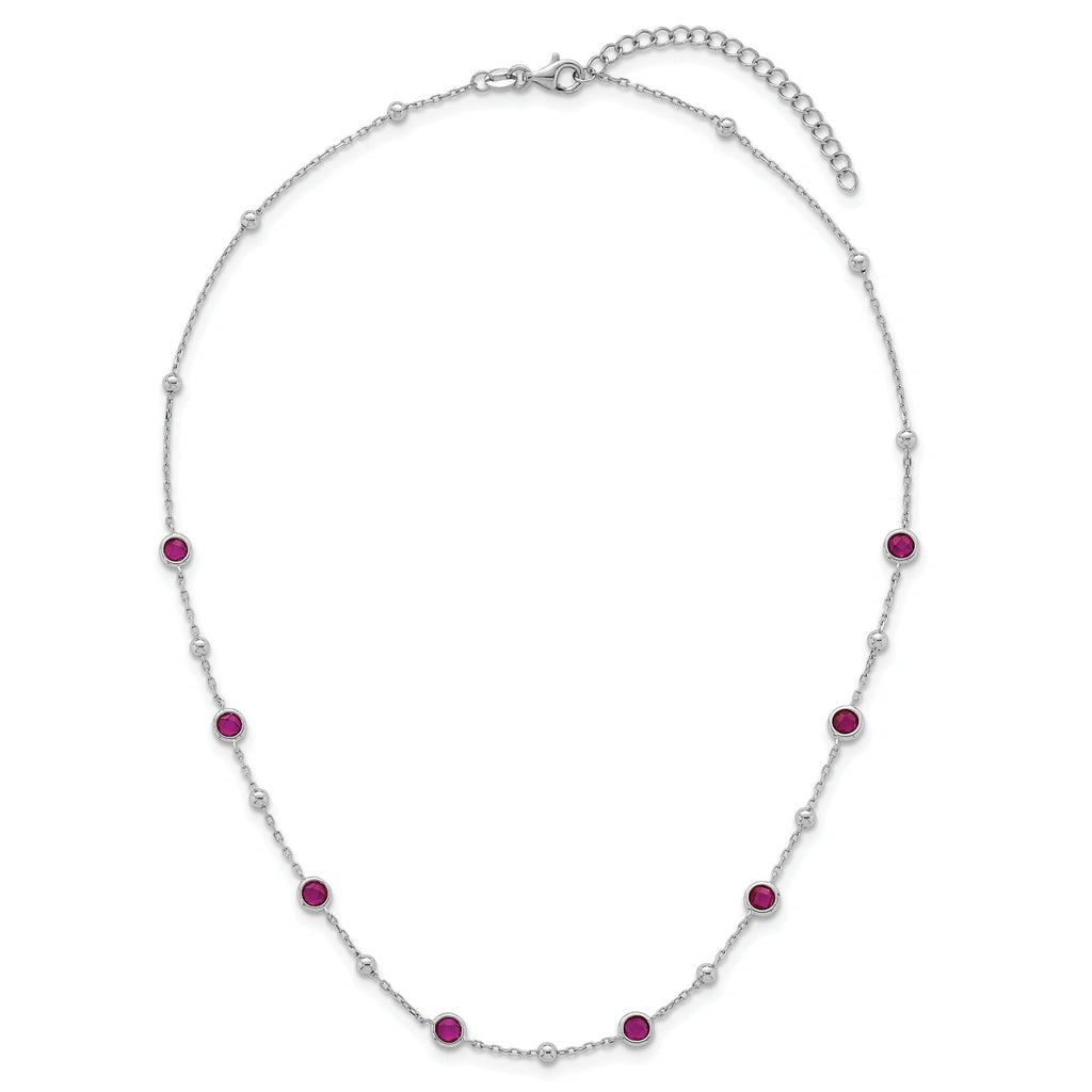 Sterling Silver Rhodium-plated Polished and Beaded Bezel-set Round Red CZ 16 Inch with 2 Inch Extension Necklace