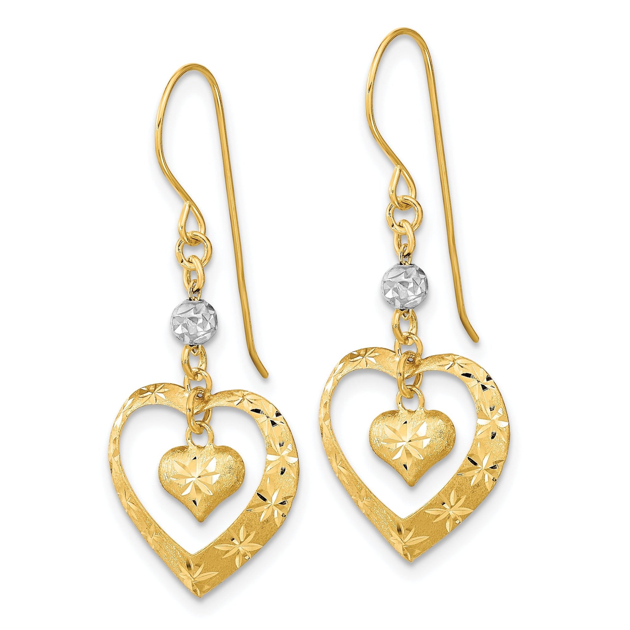 14k Two-tone Satin D/C Heart Dangle Shepherd Hook Earrings Secondary image