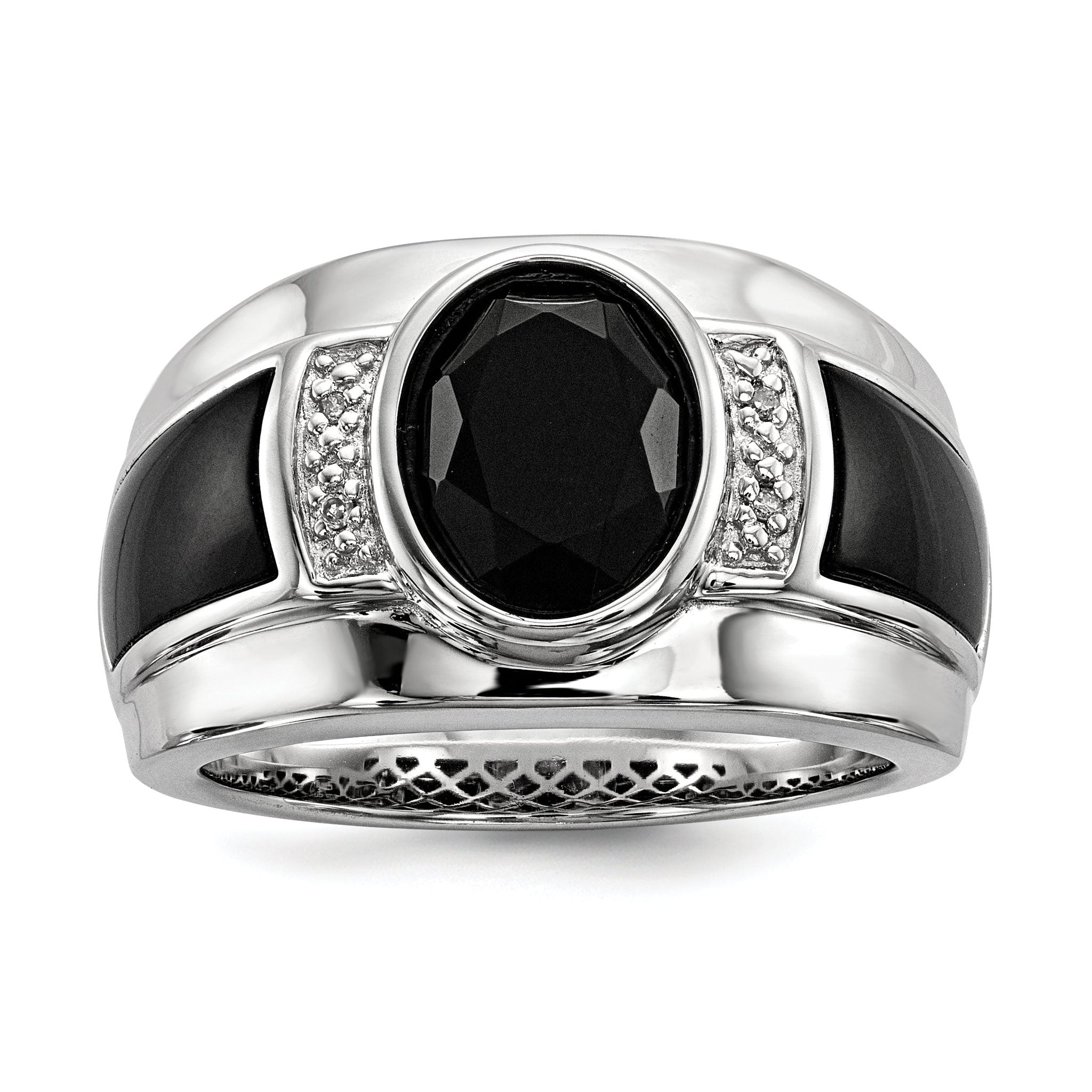 White Night Sterling Silver Rhodium-plated Diamond and Onyx Men's Ring Main image