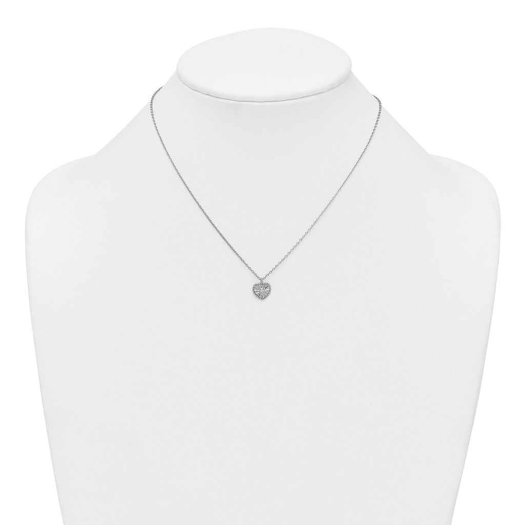 Sterling Silver Rhodium-plated Polished Beaded and Textured CZ Heart 16 Inch with 2 Inch Extension Necklace