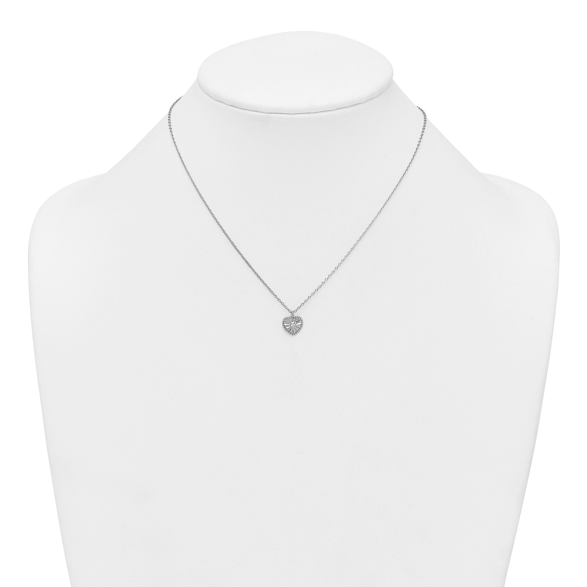 Sterling Silver Rhodium-plated Polished Beaded and Textured CZ Heart 16 Inch with 2 Inch Extension Necklace