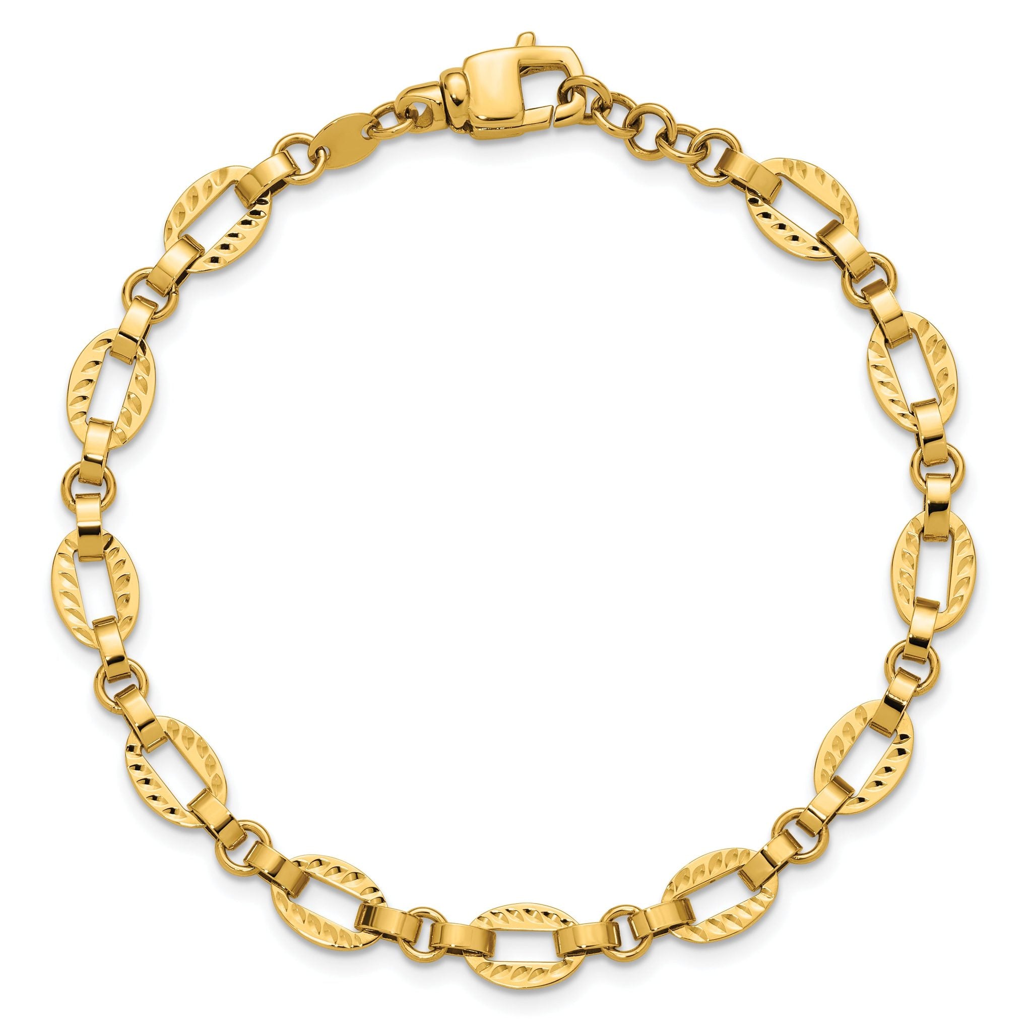 14K Polished and Diamond-cut Fancy Link w/.5in Ext. Bracelet