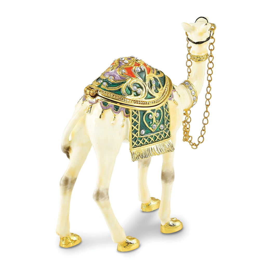 Luxury Giftware by Jere Pewter Bejeweled Crystals Gold-tone Enameled FAISAL White Camel Trinket Box with Matching 18 Inch Necklace