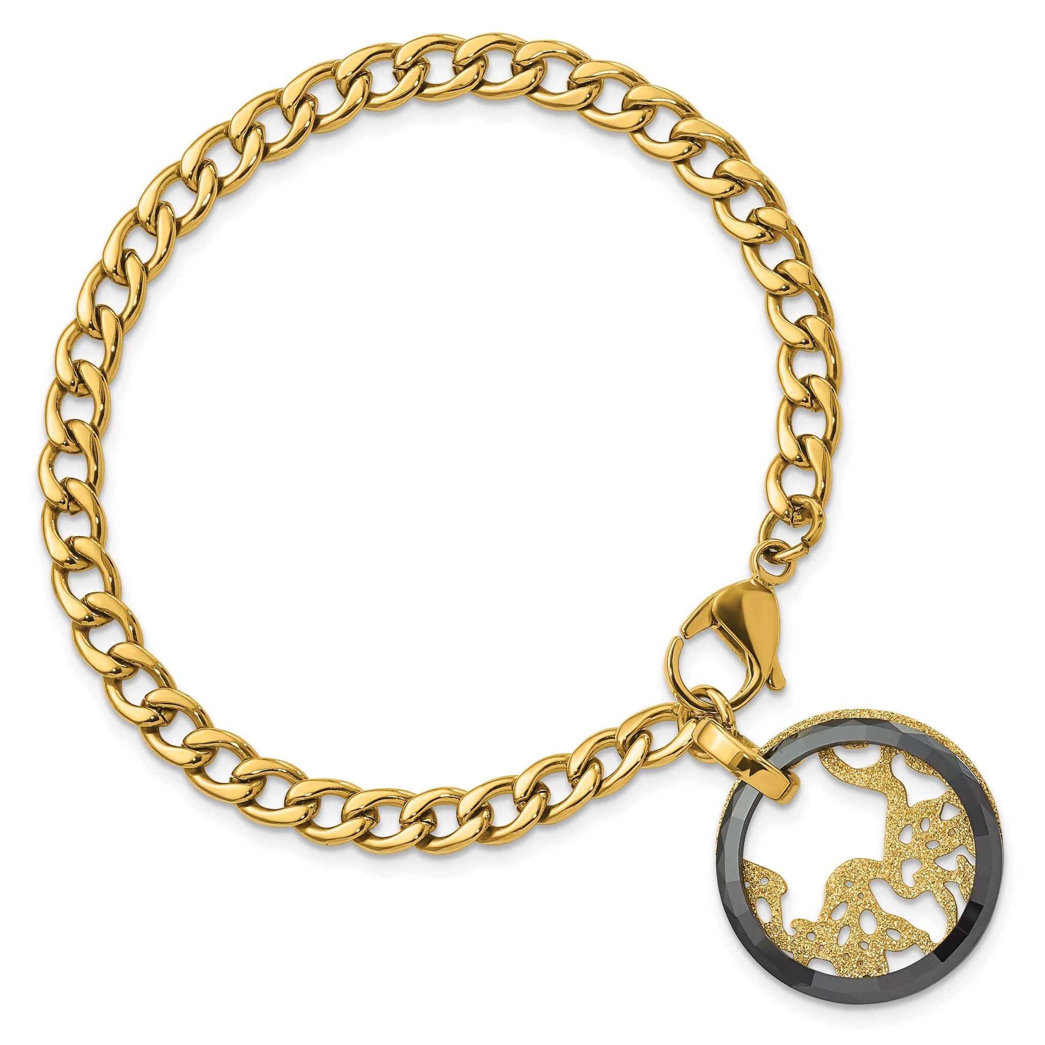 Stainless Steel Yellow IP-plated Black Ceramic Polished & Lasercut Circle Bracelet for Women