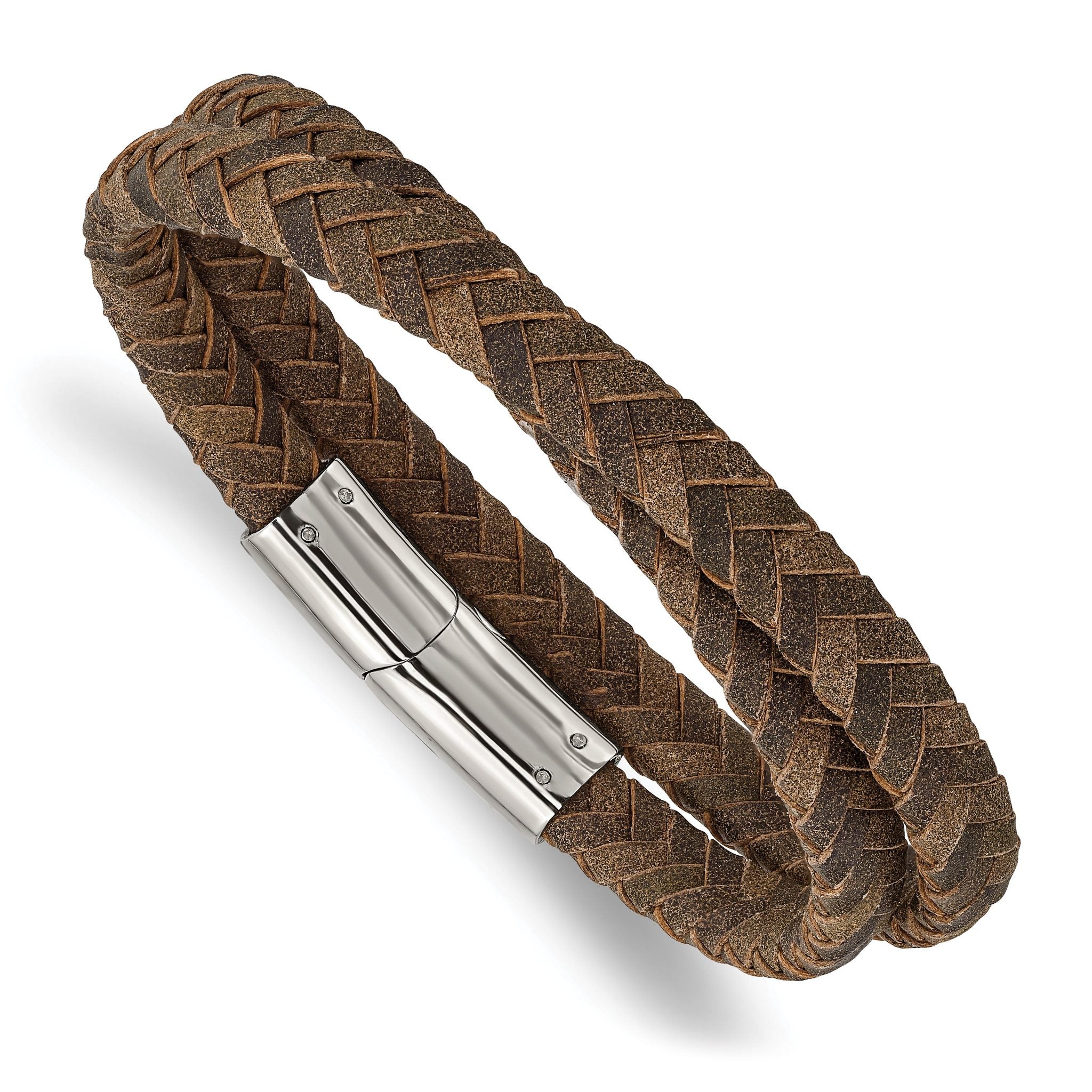 Stainless Steel Polished Brown Braided Leather Wrap Bracelet