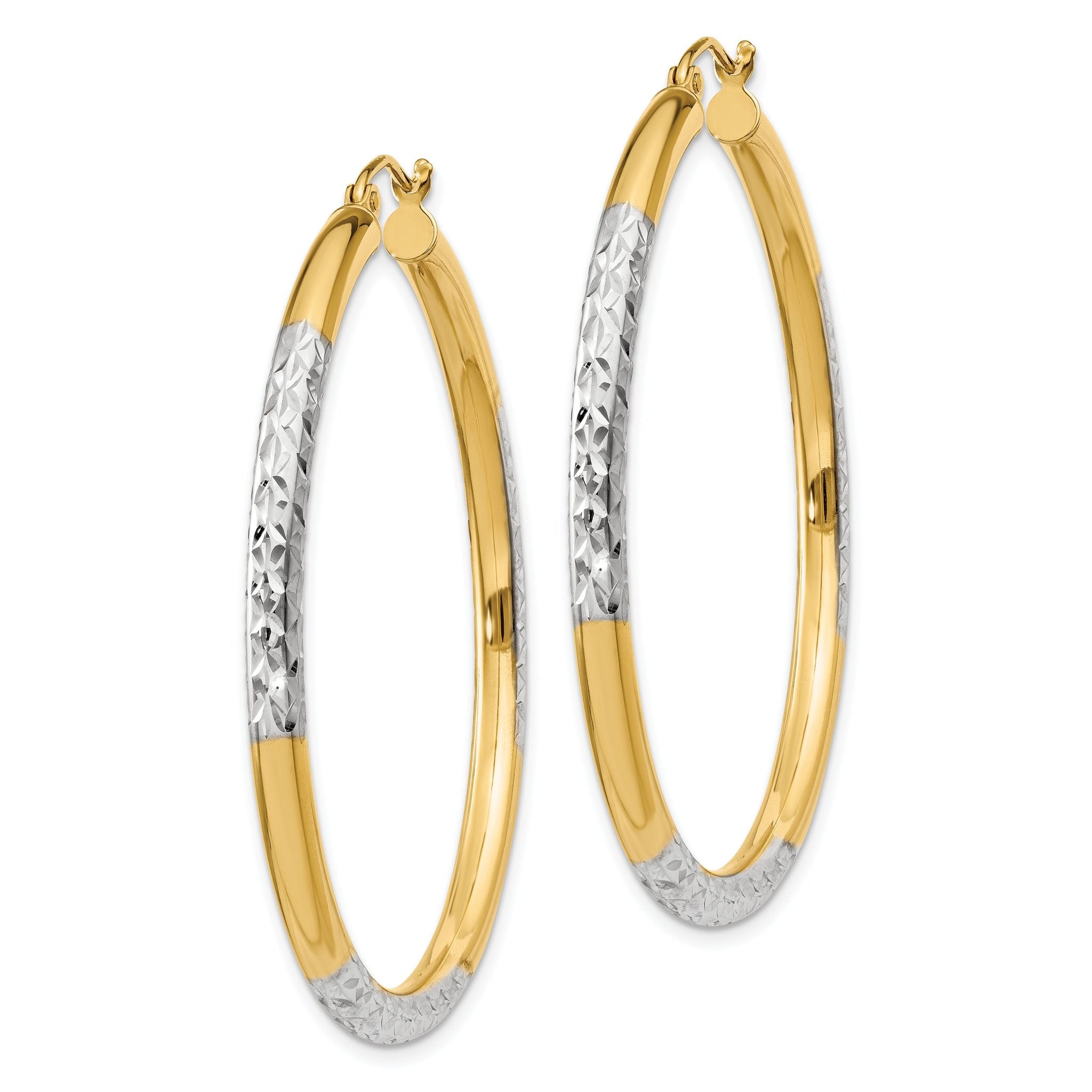 14K and Rhodium Diamond-cut 3x45mm Hoop Earrings Secondary image