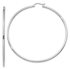 10K White Gold Polished Hoop Earrings with Rhodium Finish, 2mm Tube