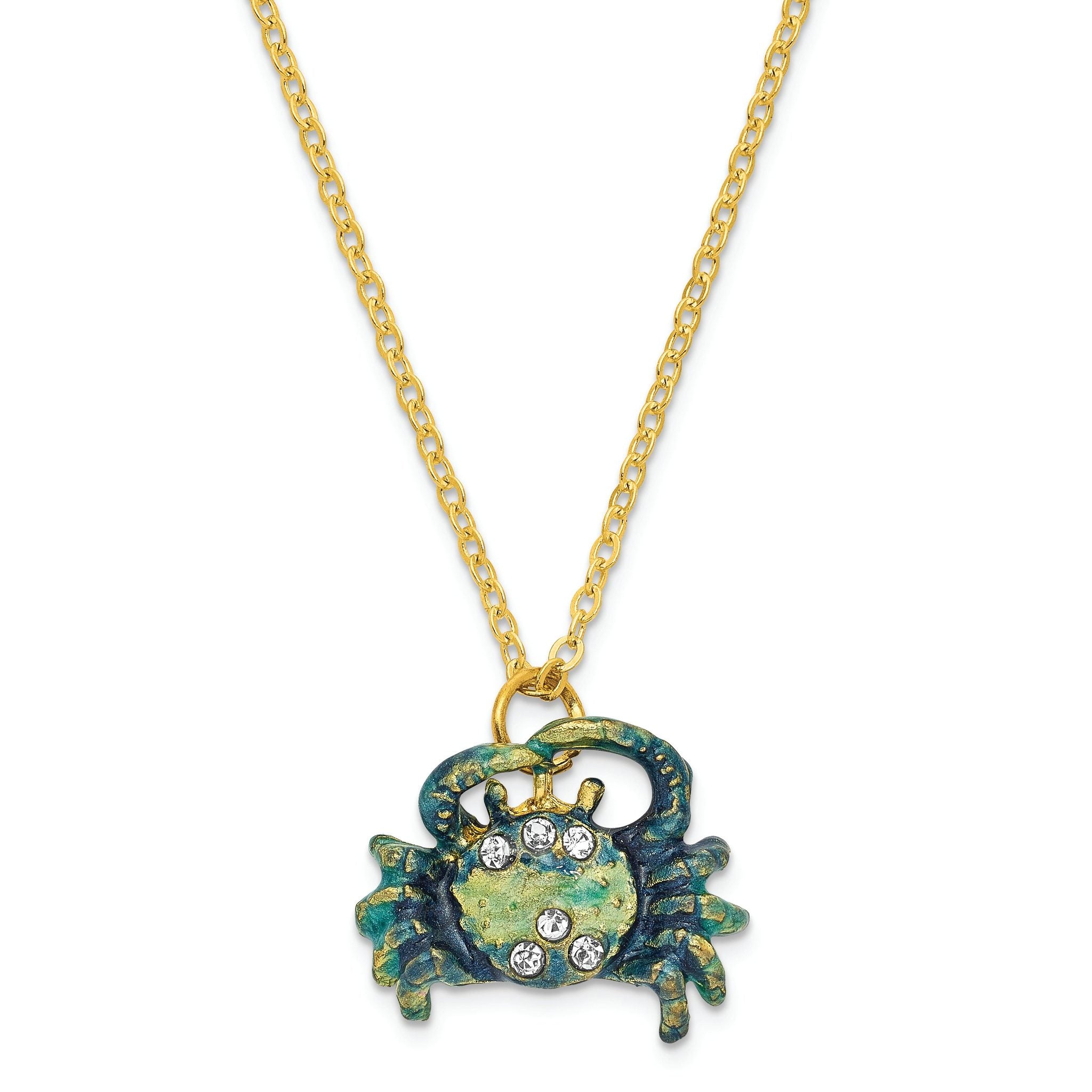 Luxury Giftware by Jere Pewter Bejeweled Crystals Gold-tone Enameled CHESAPEAKE Blue Crab Trinket Box with Matching 18 Inch Necklace