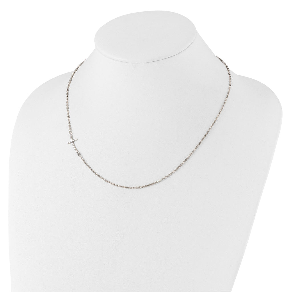 Sterling Silver Rh-plated Small Off-Set Sideways Curved Cross Necklace