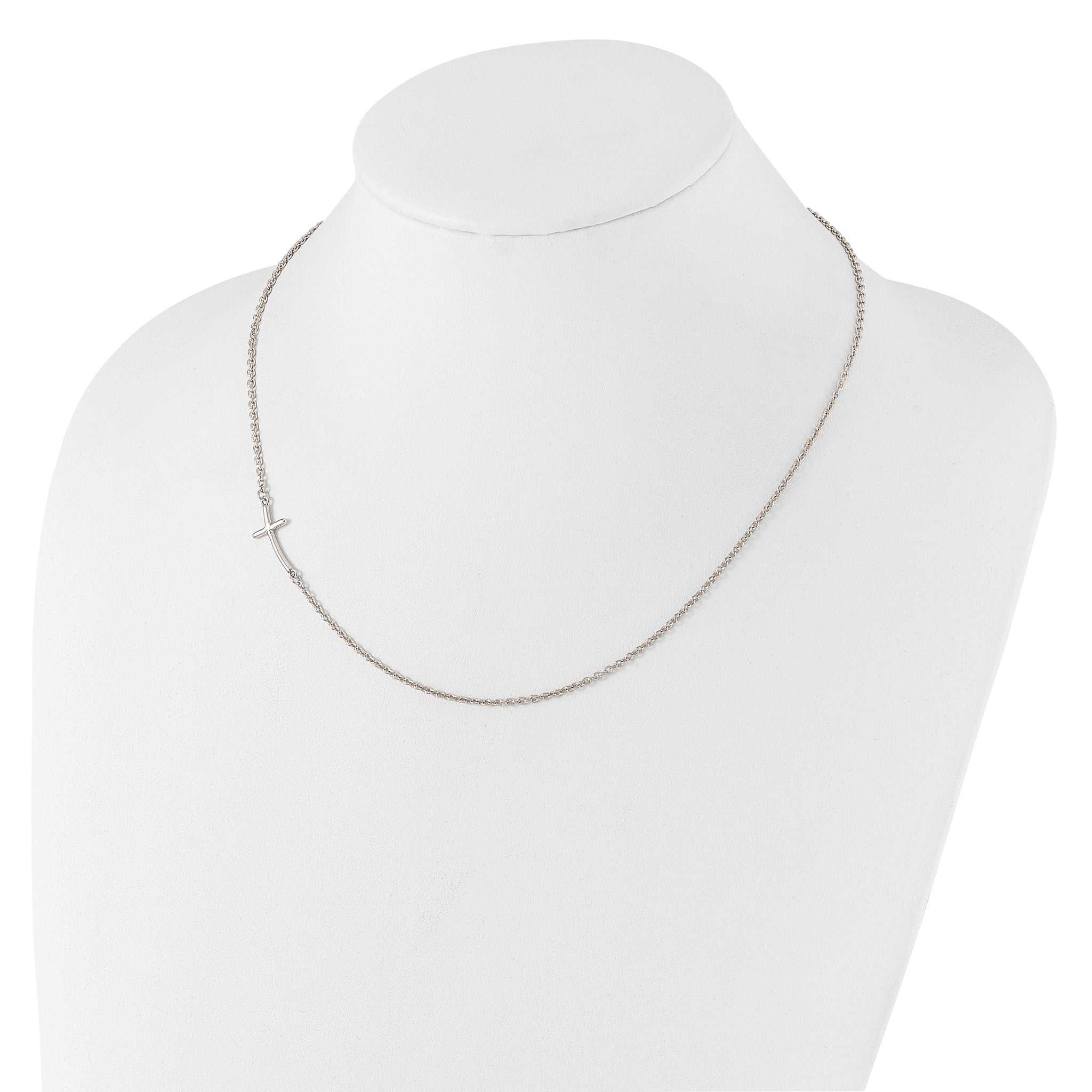 Sterling Silver Rh-plated Small Off-Set Sideways Curved Cross Necklace