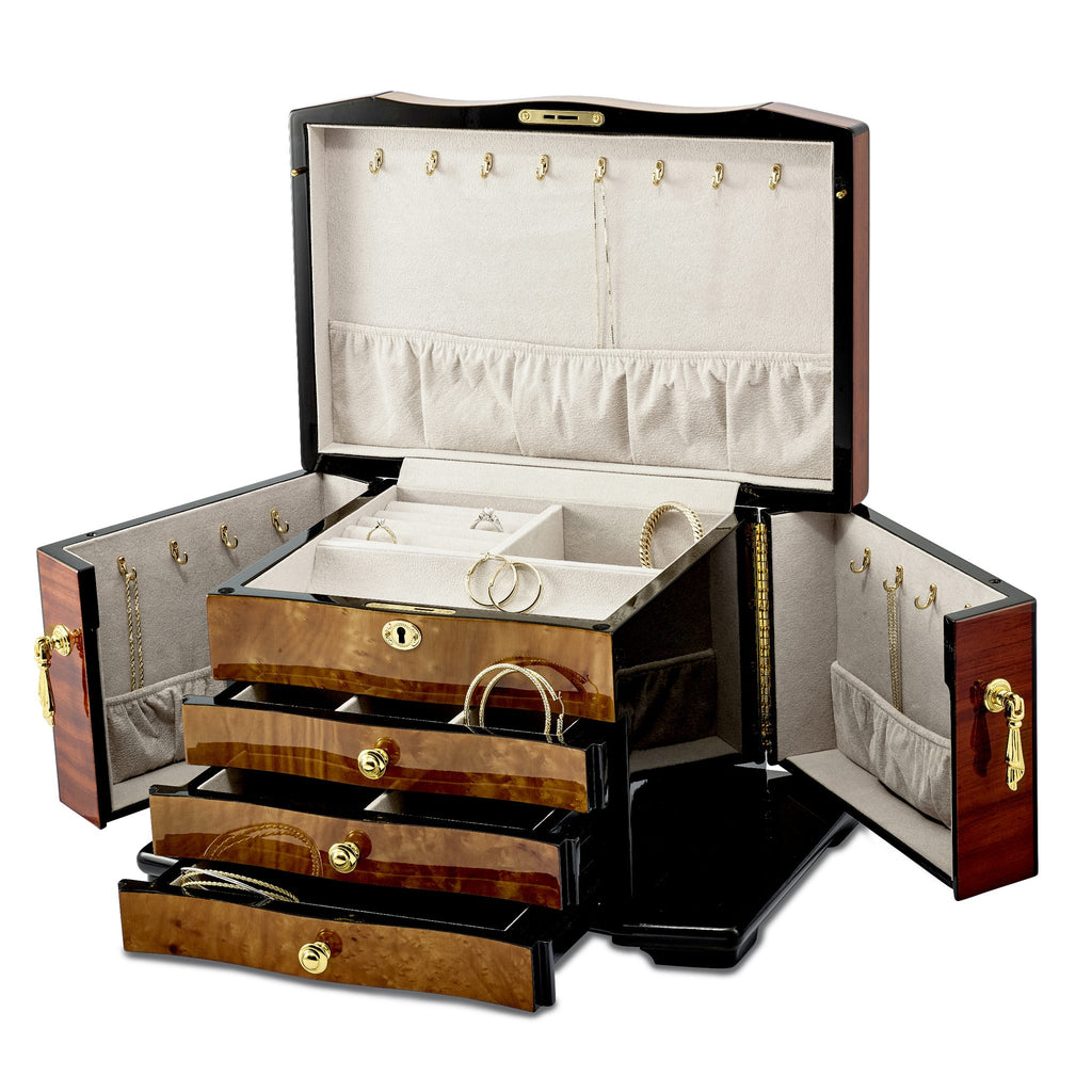 Luxury Giftware by Jere High GloSterling Silver Bubinga Veneer w/Elm Burl Inlay 3-drawer with Swing-out Sides Locking Wooden Jewelry Box