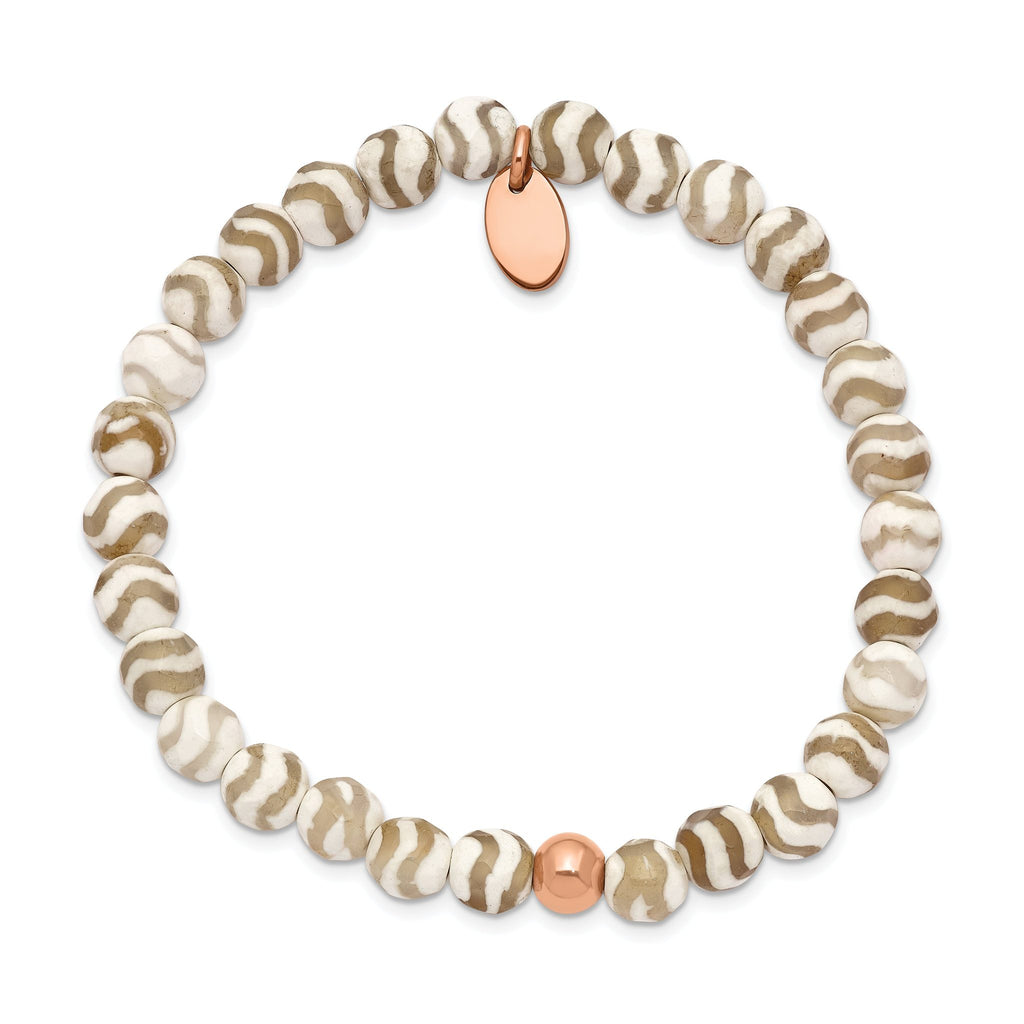 Stainless Steel Polished Rose IP-plated 6mm White Wave Agate Beaded Stretch Bracelet for Women