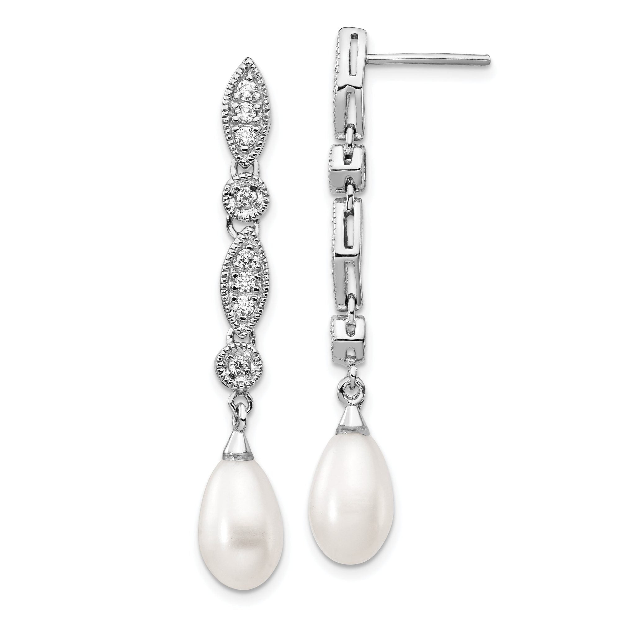 Cheryl M Sterling Silver Rhodium-plated Teardrop Freshwater Cultured Pearl and Brilliant-cut CZ Post Dangle Earrings Main image