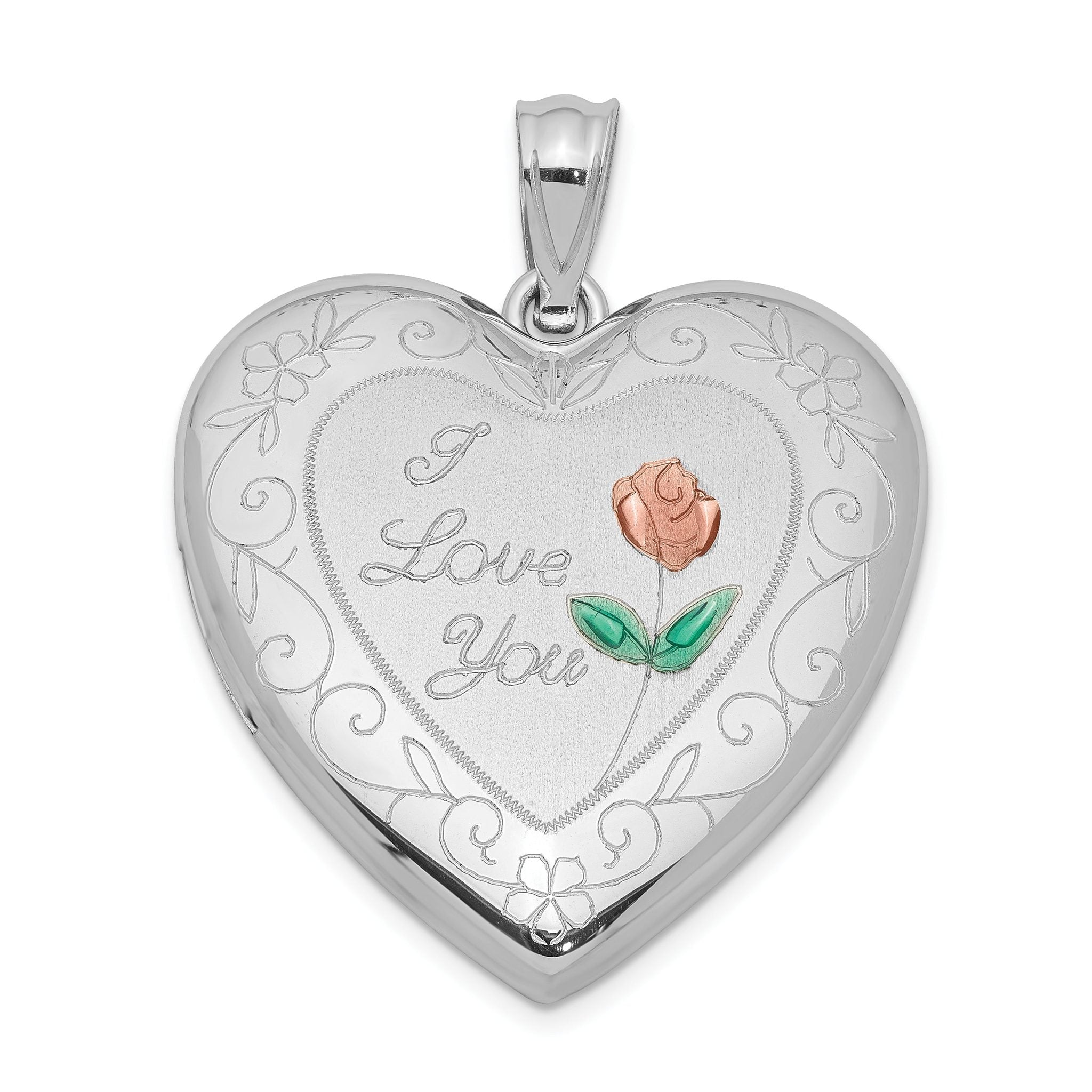 Sterling Silver Rhodium-plated 24mm Enameled Rose with Border Heart Locket Main image