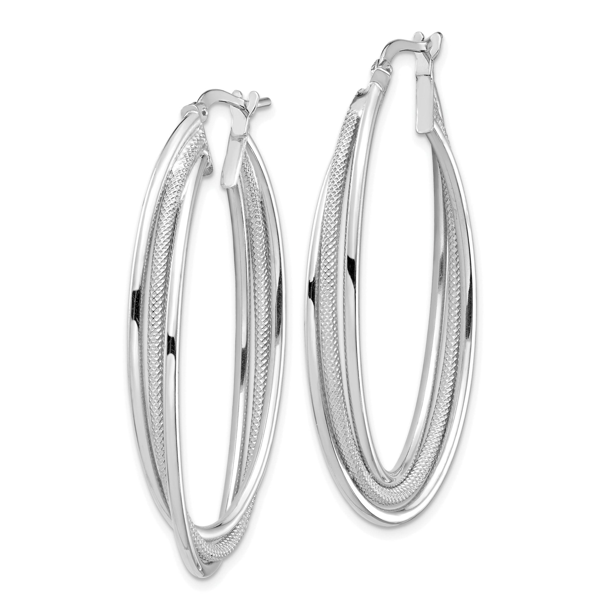 14k White Gold Polished and Textured Twisted Fancy Oval Hoop Earrings Secondary image