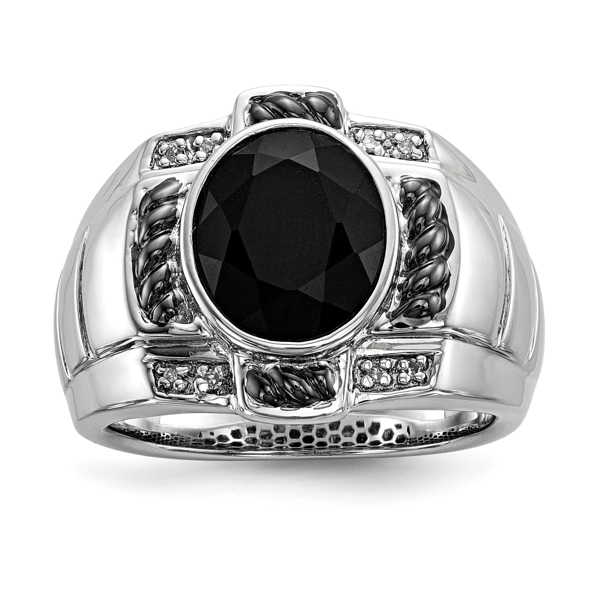 White Night Sterling Silver Black Rhodium-plated Diamond and Onyx Oval Men's Ring Main image